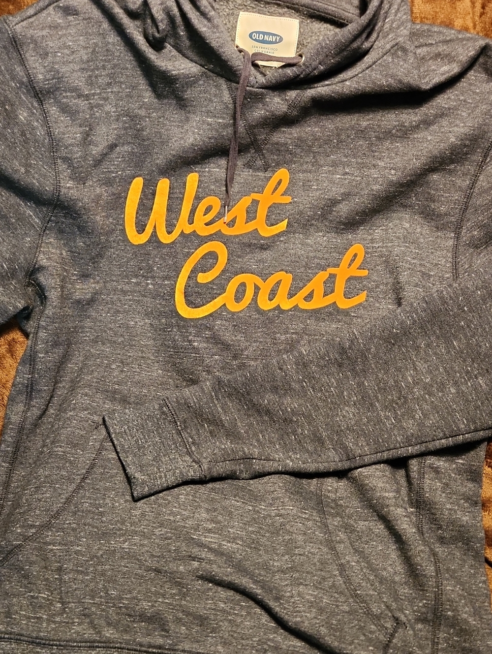 Old Navy Men's Hoodi Sweatshirt in Heather Navy with Orange Script West COAST L